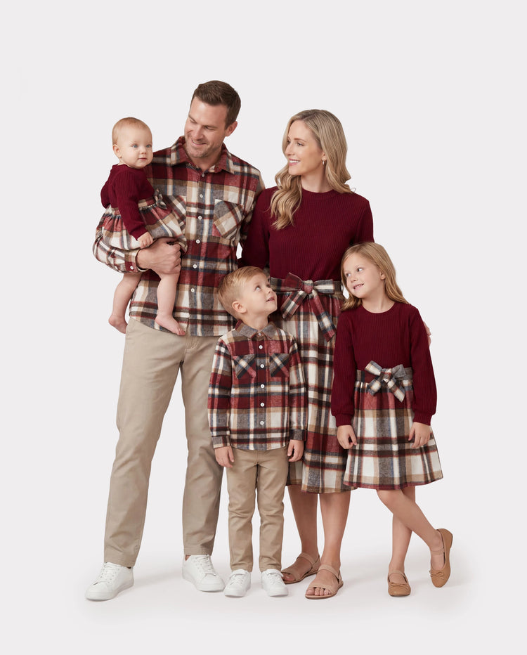 Family Matching Solid Ribbed Spliced Plaid Belted Dresses and Long-sleeve Button Up Shirts Sets MAROON
