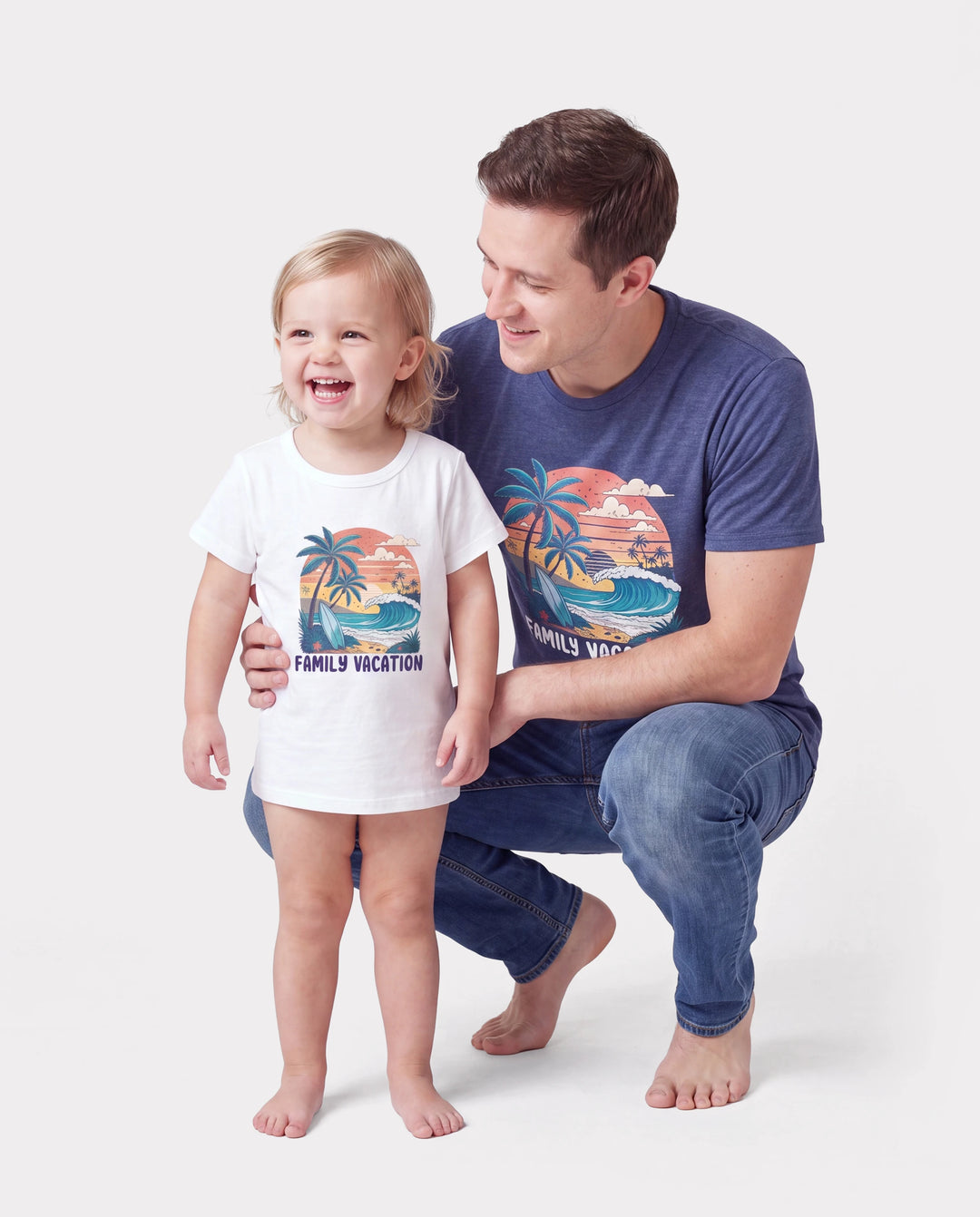 Daddy & Son "Family Vacation" Graphic Cotton Tees Tropical Surf Print T-Shirt Multi-color