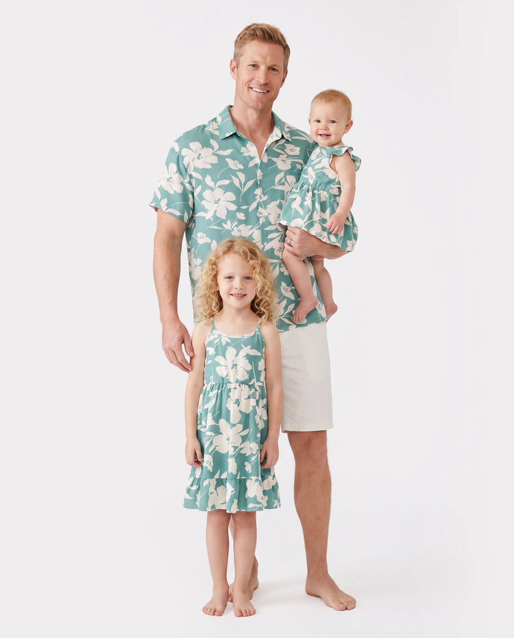 Daddy & Daughter Leaf Print Green Short-sleeve Shirt or Sling Shirred Dress Set Green