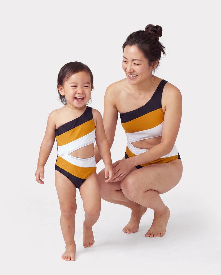 Mommy & me Colorblock Cut Out Waist One-Shoulder One-piece Swimsuit Multi-color