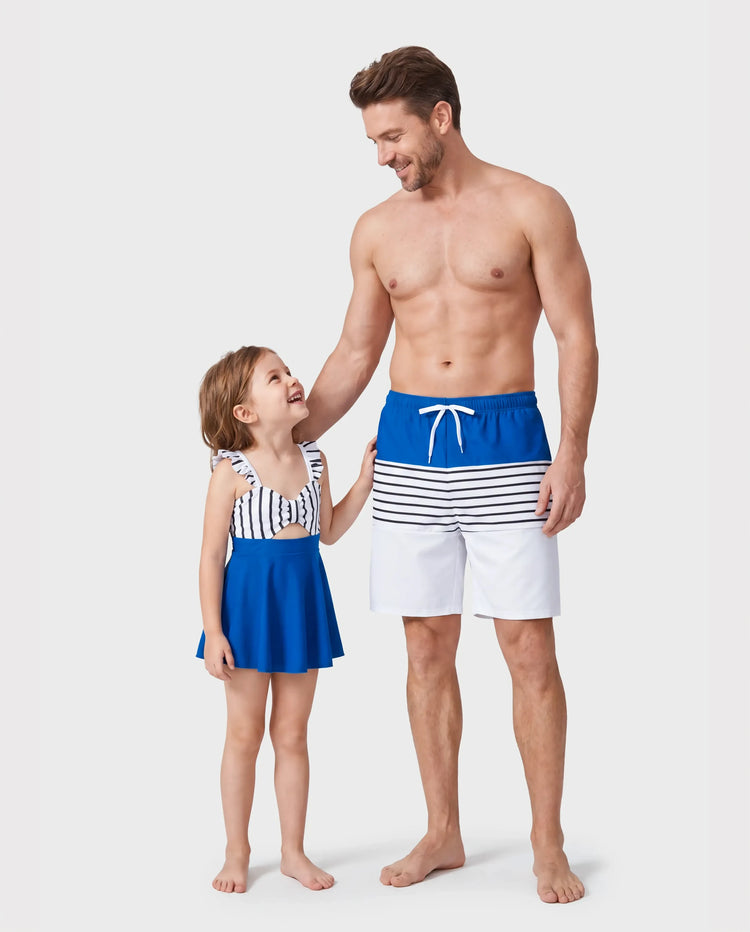 Daddy & Tochter Badeanzug Colorblock Badehose mit Tunnelzug oder gestreifter blauer Tankini mit gekreuztem Vorderteil, Bindeband am Rücken und dünnen Trägern Colorblock