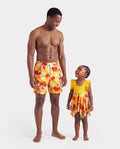 Daddy & Daughter Floral Drawstring Swim Trunks or Flowy Spliced Mesh Swim Dress with Triangle Swim Bottom Yellow