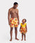 Daddy & Daughter Floral Drawstring Swim Trunks or Flowy Spliced Mesh Swim Dress with Triangle Swim Bottom Yellow