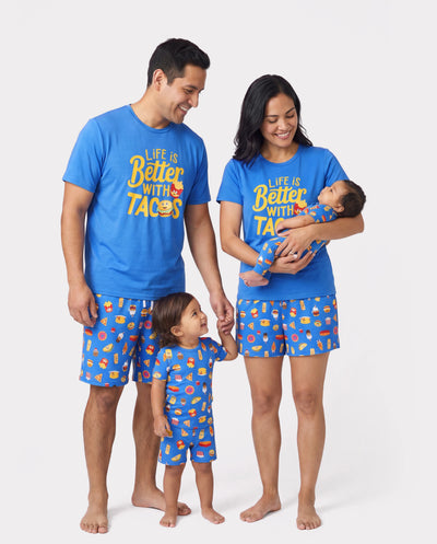 Family Matching Bamboo Pajamas Buttery Soft Bamboo PJs for Men Women Kids Toddler, Cute Burger & Fries Print Short Sleeve Sleepwear (Snug-Fitting for Children) Royal Blue