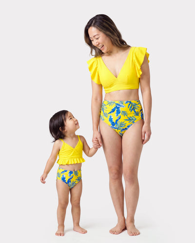 Mommy & me Yellow Leaf Print Ruched Flutter Sleeve Bikini with Optional Swim Cover Up Yellow