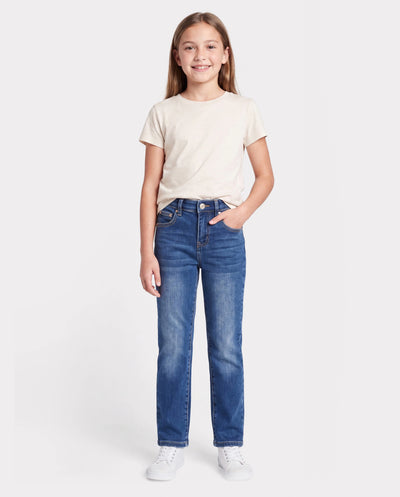 Pantalones vaqueros de mezclilla para niños con cintura elástica, suaves, elásticos y cómodos para uso diario con bolsillos, color azul oscuro