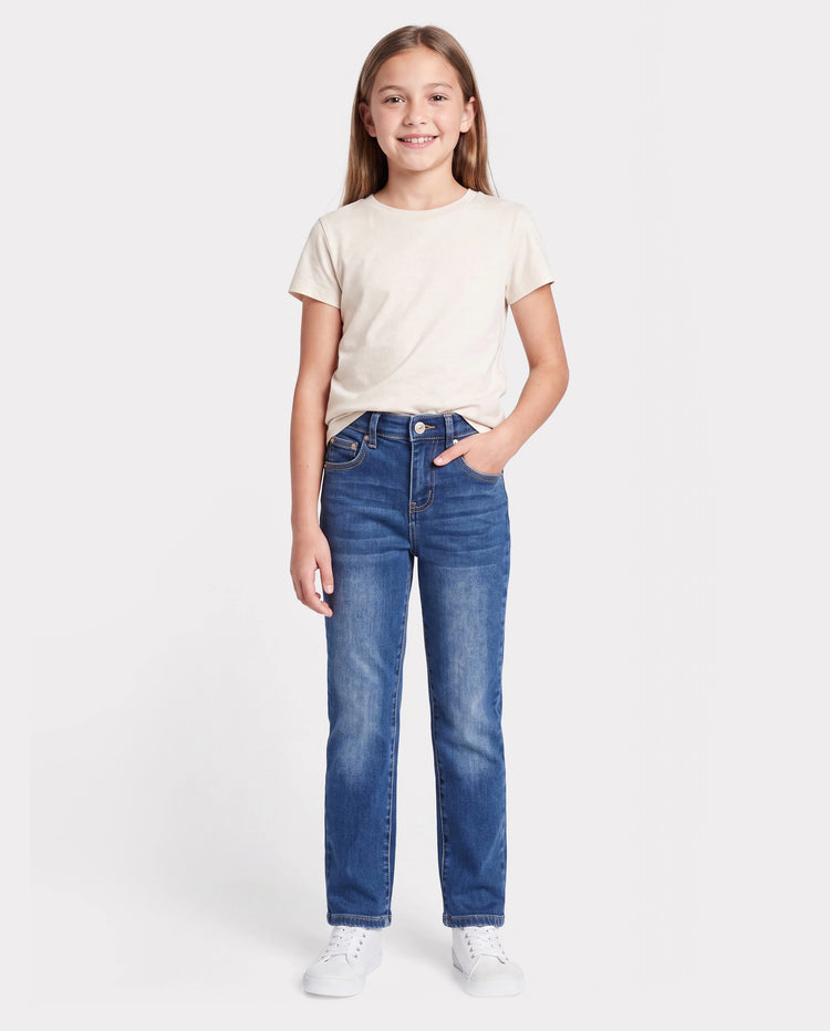 Kids Pull On Elastic Waist Denim Jeans Soft Stretch Comfortable Everyday Pants with Pockets Deep Blue