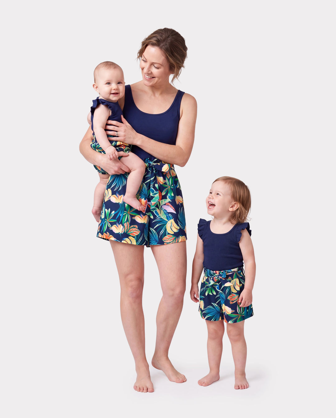 Mommy and Me Tropical Leaves Print Sleeveless Rompers with Belted Shorts Matching Set Deep Blue