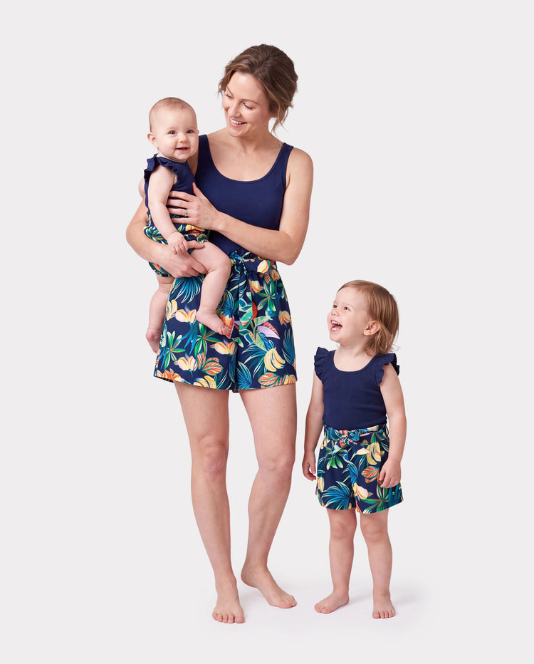 Mommy and Me Tropical Leaves Print Sleeveless Rompers with Belted Shorts Matching Set Deep Blue
