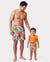 Daddy & Son Orange and All Over Tropical Plant Print Splicing Ruffle Swim Trunks Shorts Orange color