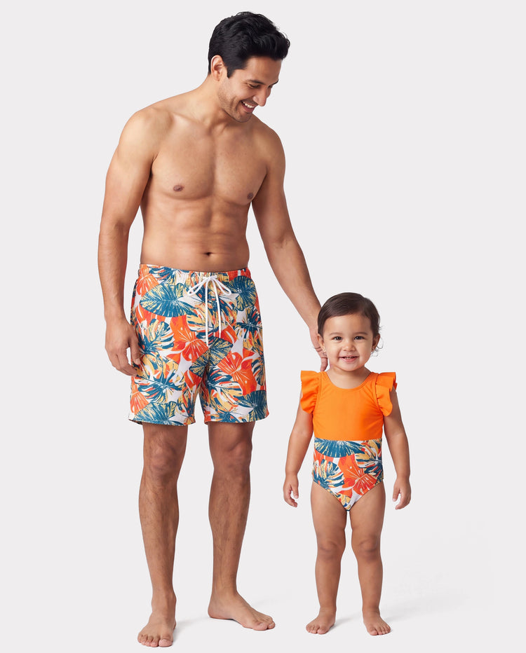 Daddy & Son Orange and All Over Tropical Plant Print Splicing Ruffle Swim Trunks Shorts Orange color