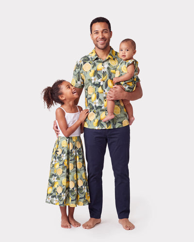 Daddy & Daughter Outfits – Lemon Print Hawaiian Shirts & Summer Dresses – Tropical Vacation Clothes for Men, Women & Kids Green