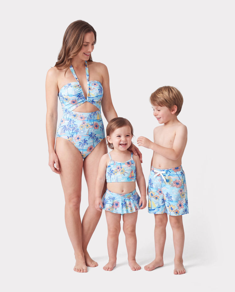 Mommy & me Swimwear Tropical Print, Mommy Tie-front Cutout One-piece Swimsuit, Girl two-piece Swimsuit Daddy & Son Swim Trunks Set for Summer Beach Vacation Light Blue