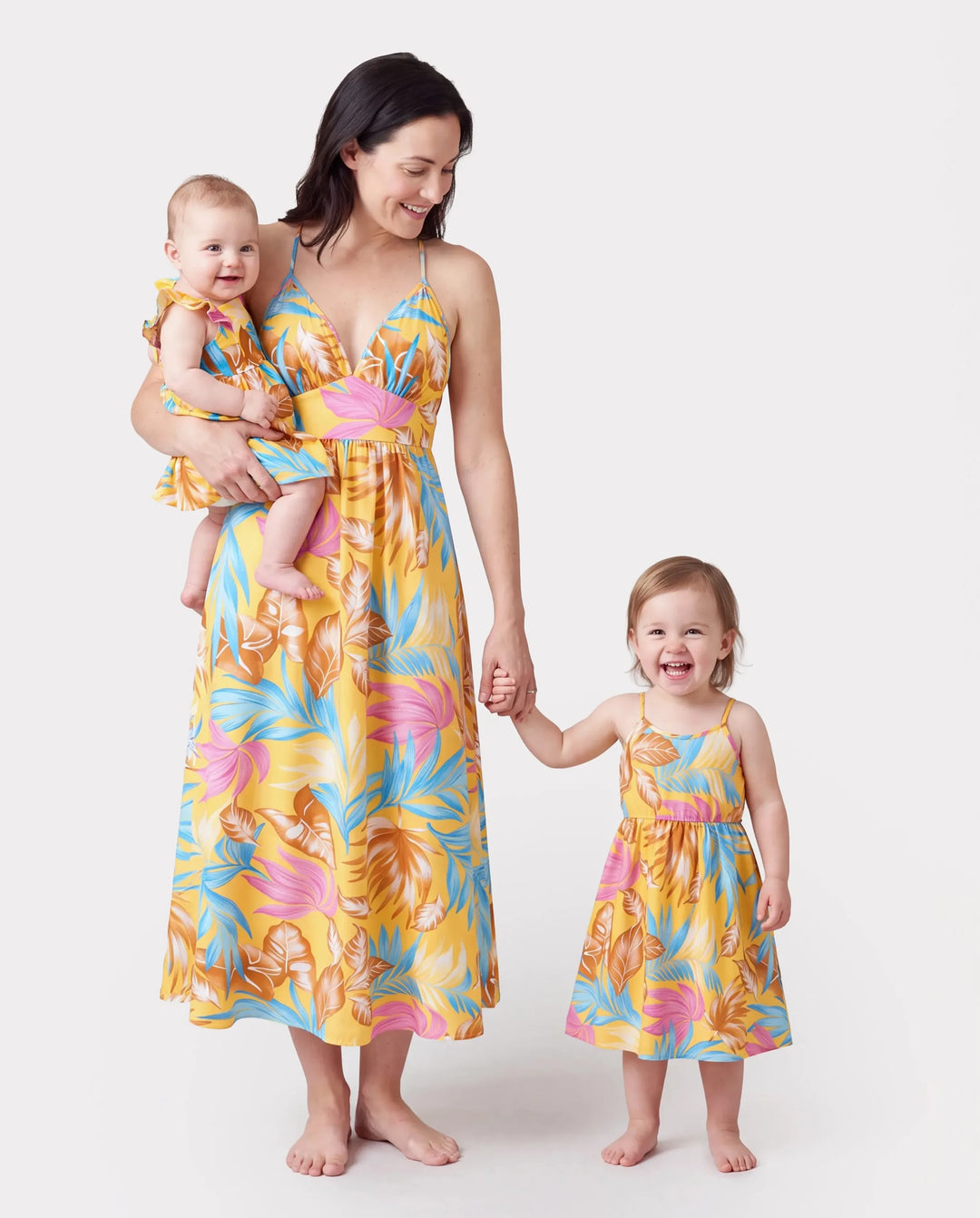 Mommy and Me Family Matching Yellow Set Tropical Leaf Print Short-sleeve Shirt or Strap Dress  Yellow