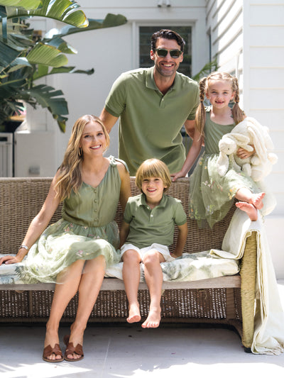 Family Matching Polo Collar Short-sleeve Shirt or V-neck Strappy Mesh Dress  Green