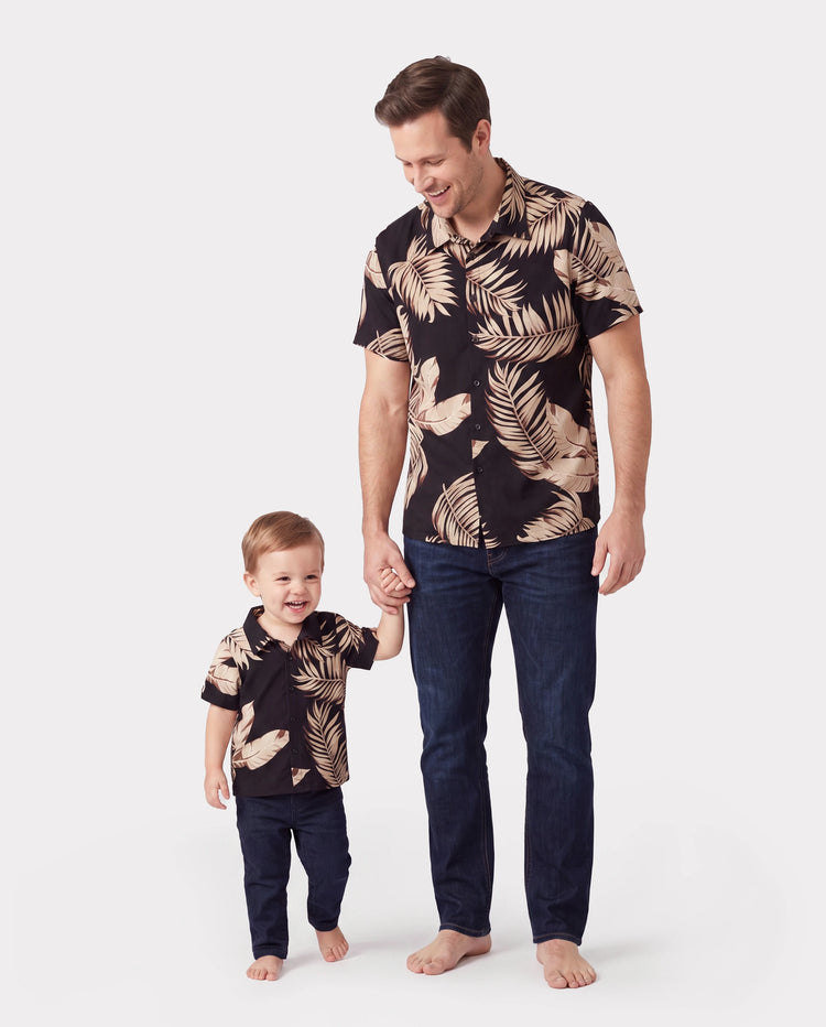 Daddy and Me Family Matching Solid Leaf Sleeveless Halter Dresses And Short Sleeve Tops Sets Black