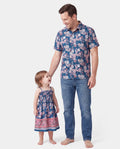 Daddy & Daughter outfits Floral Allover Print Short-sleeve Collar Shirt or Halter Sleeveless Dress for Summer Vacation CYAN-