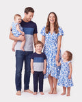 Family Matching Outfits Blue Floral Print Dress & Color Block Tee Set, Mommy Daddy and Me Summer Beach Vacation Coordinates Blue