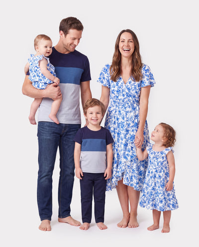 Family Matching Outfits Blue Floral Print Dress & Color Block Tee Set, Mommy Daddy and Me Summer Beach Vacation Coordinates Blue
