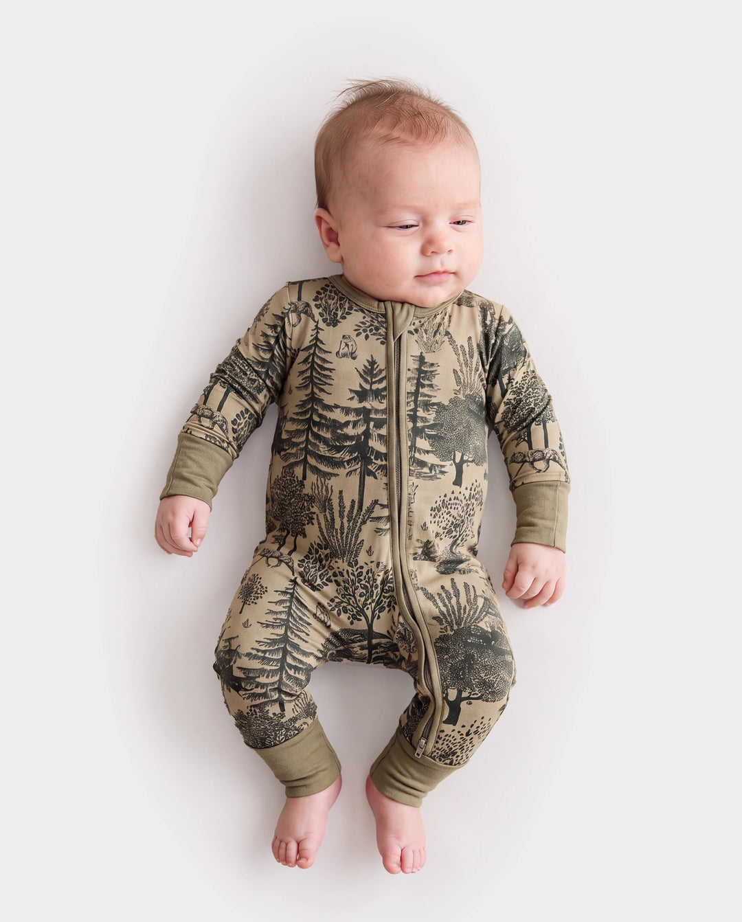 Pijama de lana ajustado con cremallera y estampado de plantas para bebé niño/niña, color verde
