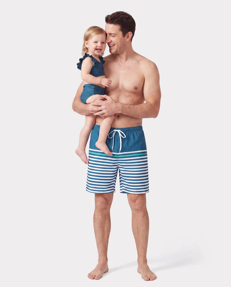 Daddy & Daughter Teal Striped Swimsuits Ruched Bikini & Swim Trunks Set Multi-color