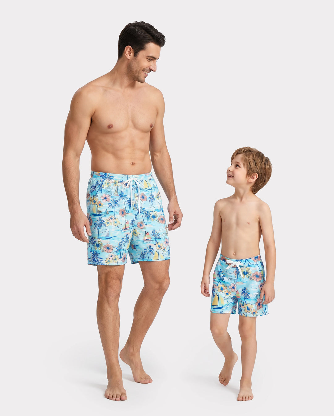 Maillots de bain Daddy & Fils à imprimé tropical, ensemble shorts de bain Daddy & Fils pour vacances d'été à la plage Bleu clair