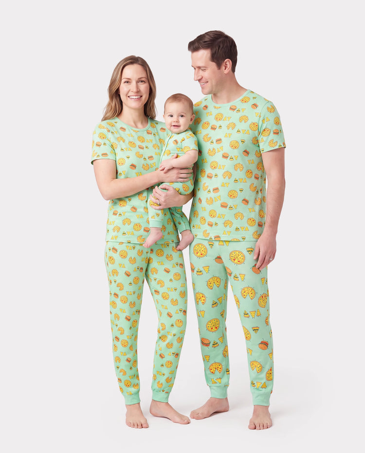 Daddy & Son Bamboo Family Mint Green PJs Cute Cartoon Food Theme Print Short Sleeve & Long Pants Sleepwear Matching Pajama set (Snug-Fitting for Children) Light Blue