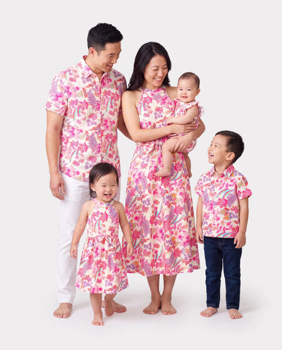 Family Matching Outfits Set Tropical Flora Print Kurzarm-Kragenhemd oder Neckholder-Gürtelkleid für den Sommerurlaub Beige