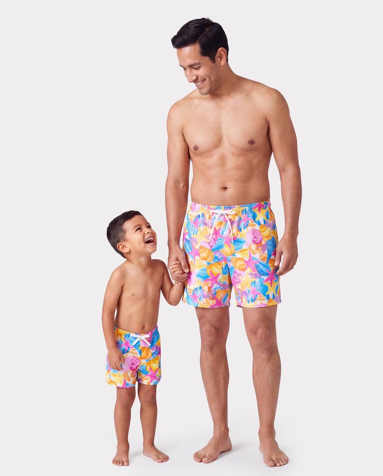 Daddy & Son Seashell & Starfish Print Swimsuits Ruched One-Piece & Swim Trunks Set Multi-color