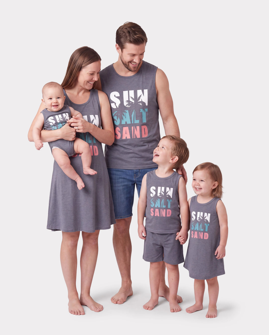 Family Matching Letter Print Sleeveless Tank Top or Tank Dress Set Grey