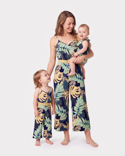 Mommy and Me Tropical Leaf Print Jumpsuit Set, Spaghetti Strap Belted Matching Outfits for Summer Beach Vacation Tibetan blue