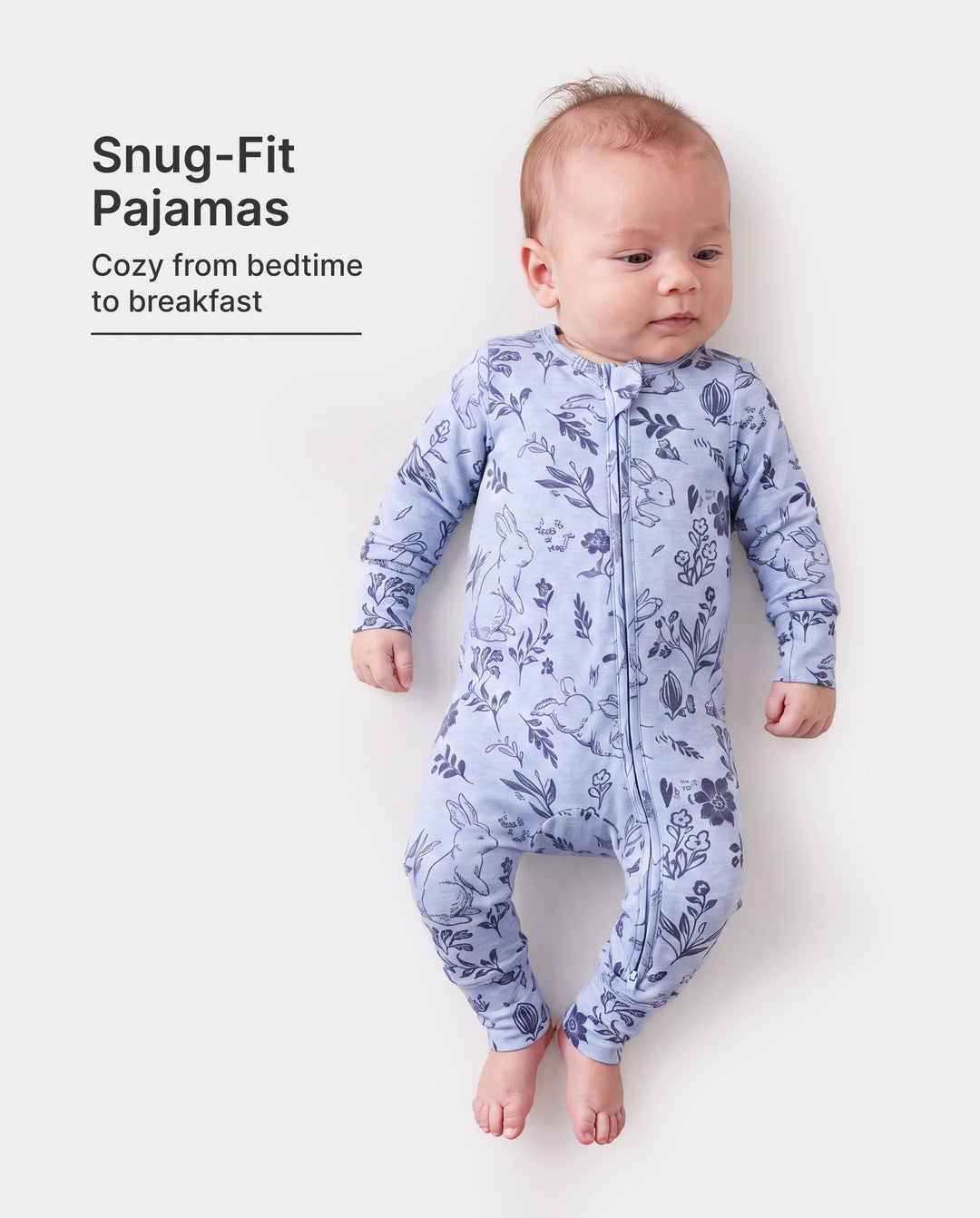 Pijama de lana ajustado con cremallera y estampado de plantas para bebé niño/niña azul claro