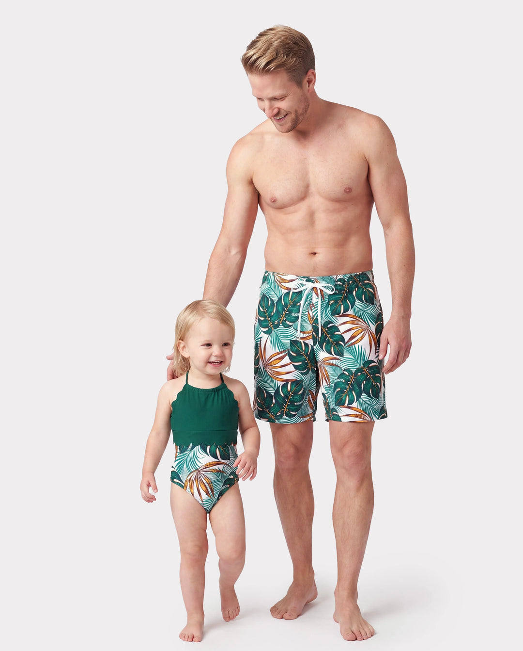 Daddy & Daughter Allover Plants Print Swim Trunks Shorts and Spaghetti Strap Splicing One-Piece Swimsuit Dark Green