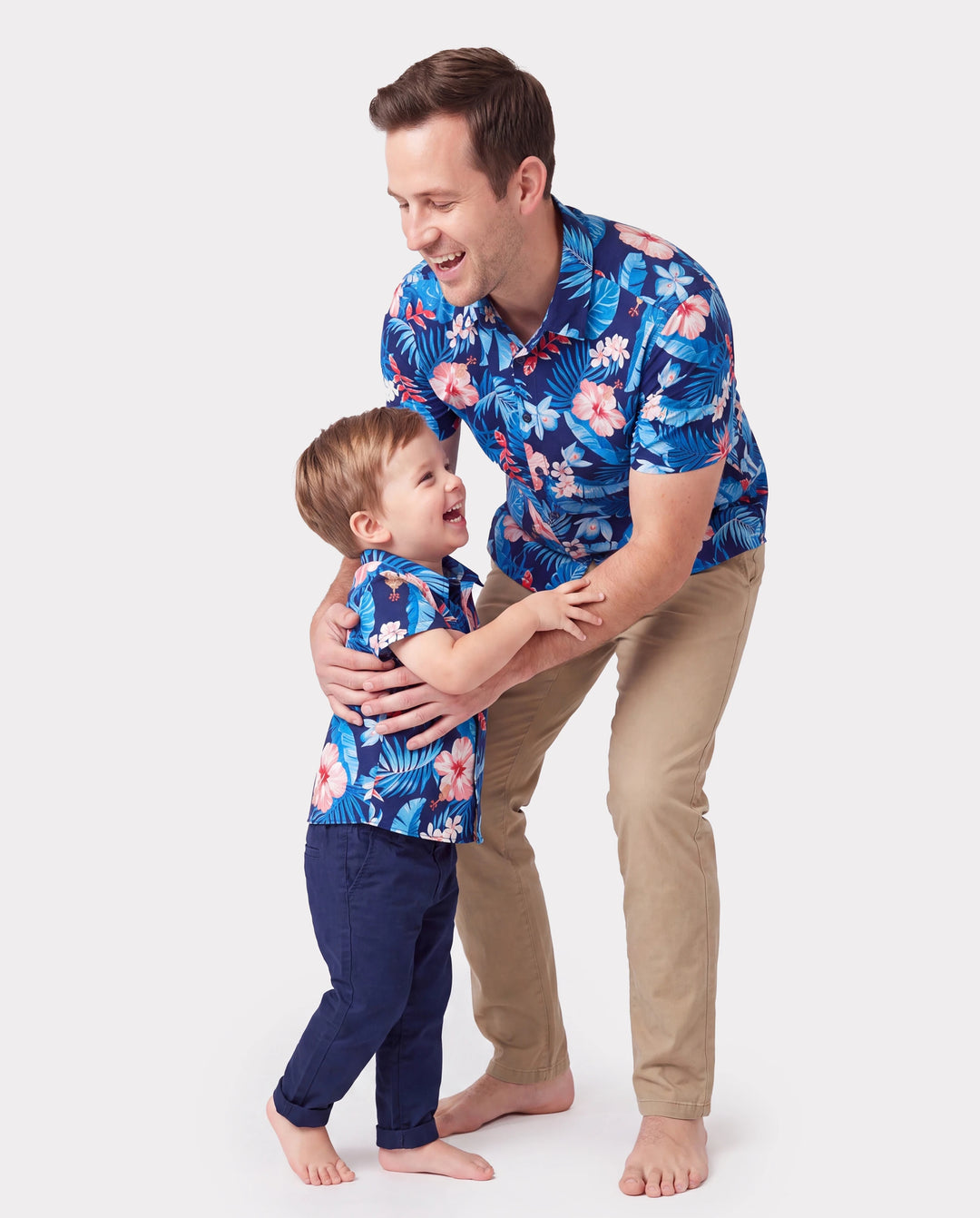 Daddy & Son Vacation Set Tropical Floral Print Shirt or Halter Dresses for Dad, Mom, Kids & Baby, Perfect for Summer Holidays & Family Photos Deep Blue