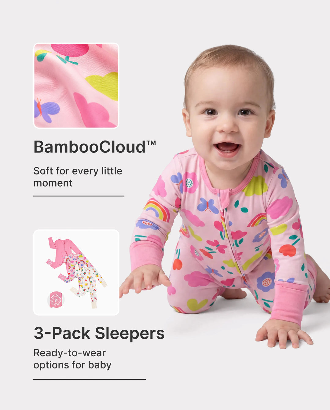 Bamboo Baby Boy / Girl 3-Pack Solid&Rainbow Printed 2-Way Zipper Anti Slip Long-sleeve Footie Pink