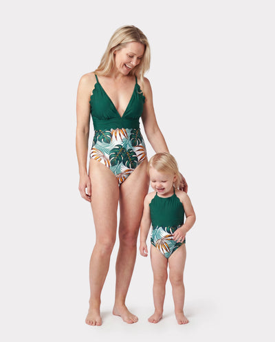 Mommy & me Allover Plants Print V Neck Spaghetti Strap Splicing One-Piece Swimsuit Dark Green