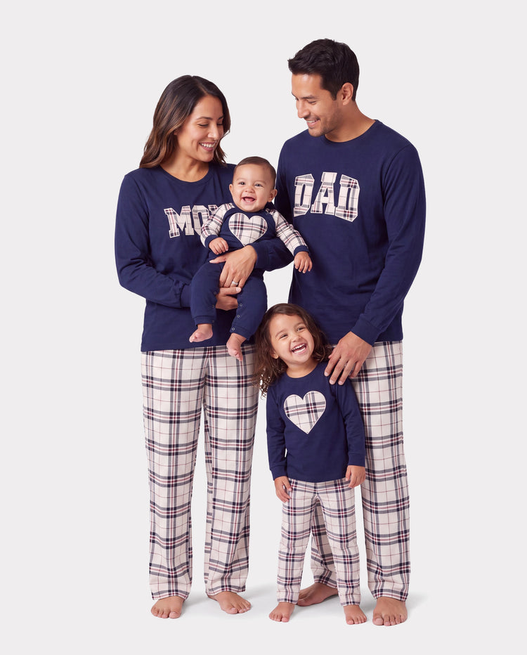 Family Matching School Grid Letter Print Patch Long Sleeve Pajamas Sets Blue