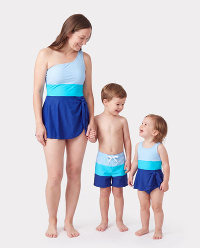 Mommy & me Color Block Swimsuits One Shoulder Swim Dress / Swim Trunks Set Blue