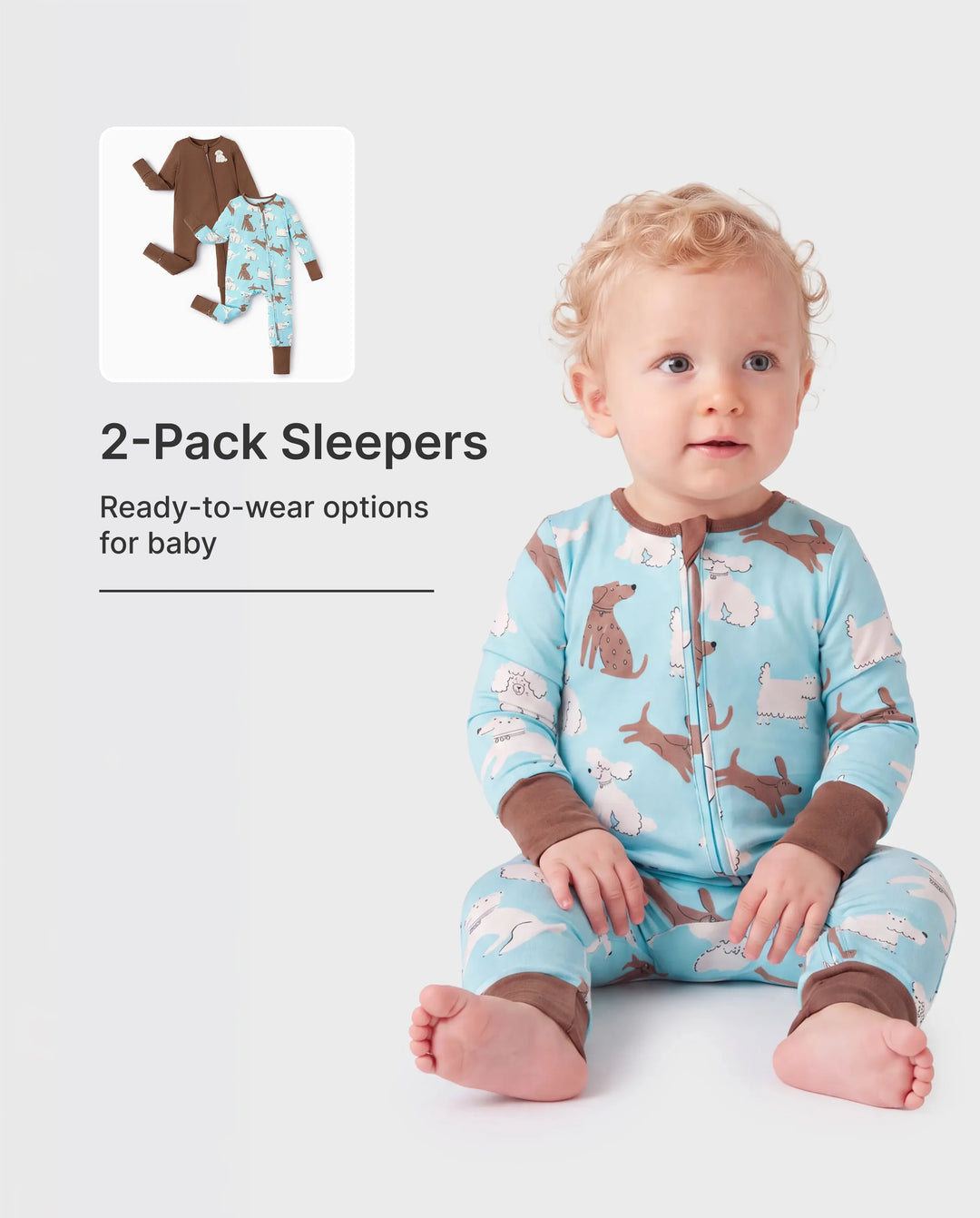 Lot de 2 grenouillères en bambou pour bébé garçon/fille à manches longues avec fermeture éclair 2 voies et pieds antidérapants imprimé animaux ou plantes naturel Marron