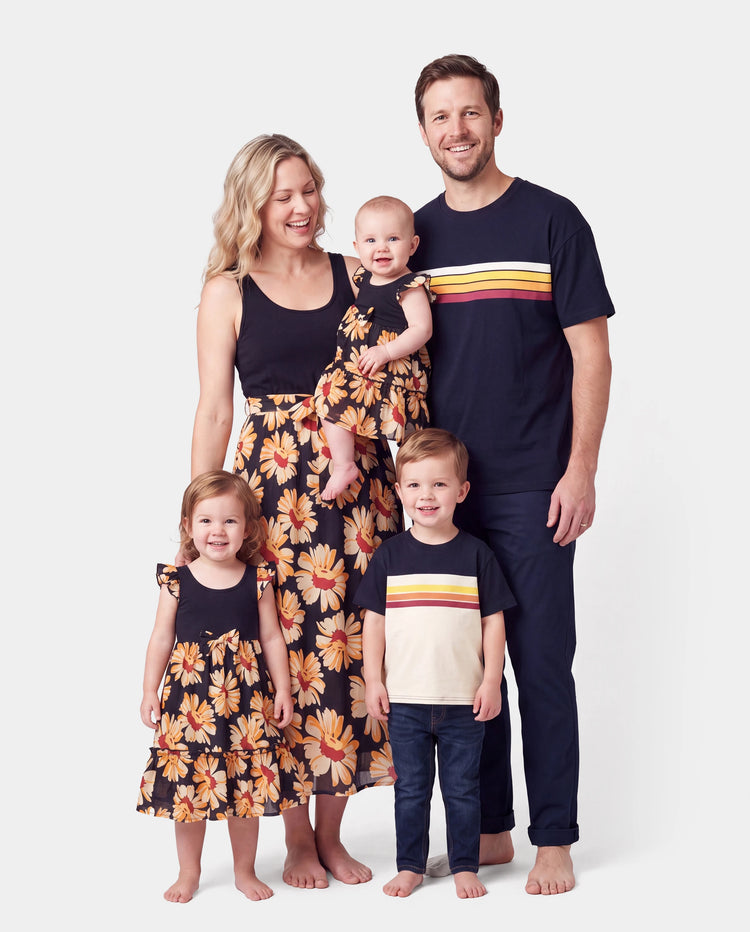Family Matching Set Floral Sleeveless Strappy Dress or Colorblock Short-sleeve T-shirt  Black
