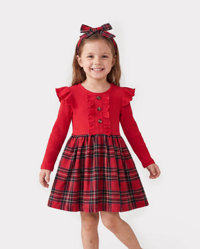 Christmas Toddler Girl Grid Print Ruffled Dress with Headband Red