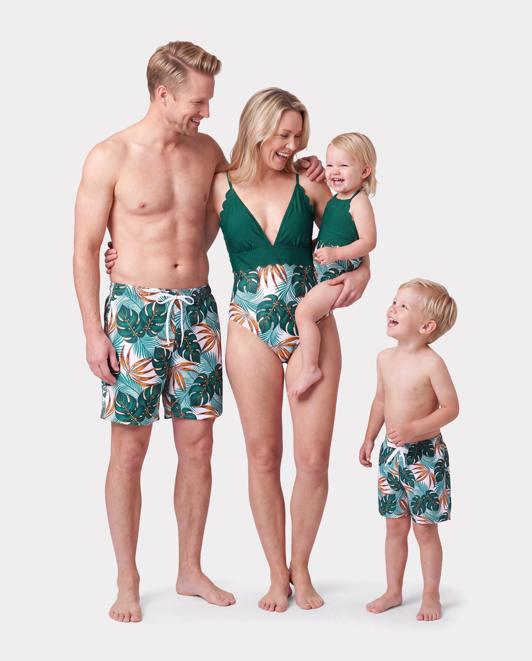 Family Matching Allover Plants Print Swim Trunks Shorts and V Neck Spaghetti Strap Splicing One-Piece Swimsuit Dark Green