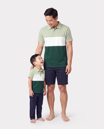 Daddy & Son Outfits Tropical Floral Print Strap Dress or Short-sleeve Colorblock Shirts Set Pale Green