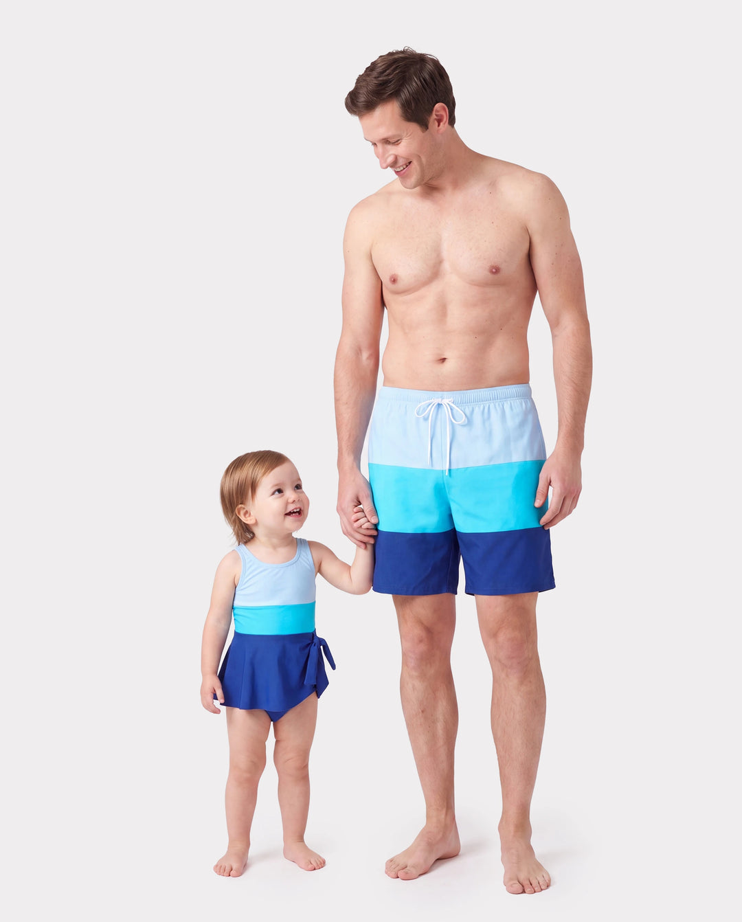 Daddy & Daughter Color Block Swimsuits One Shoulder Swim Dress / Swim Trunks Set Blue