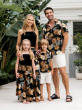 Ensemble de plage à imprimé floral assorti pour toute la famille, chemise à manches courtes ou haut caraco et pantalon large pour les vacances d'été, noir et blanc