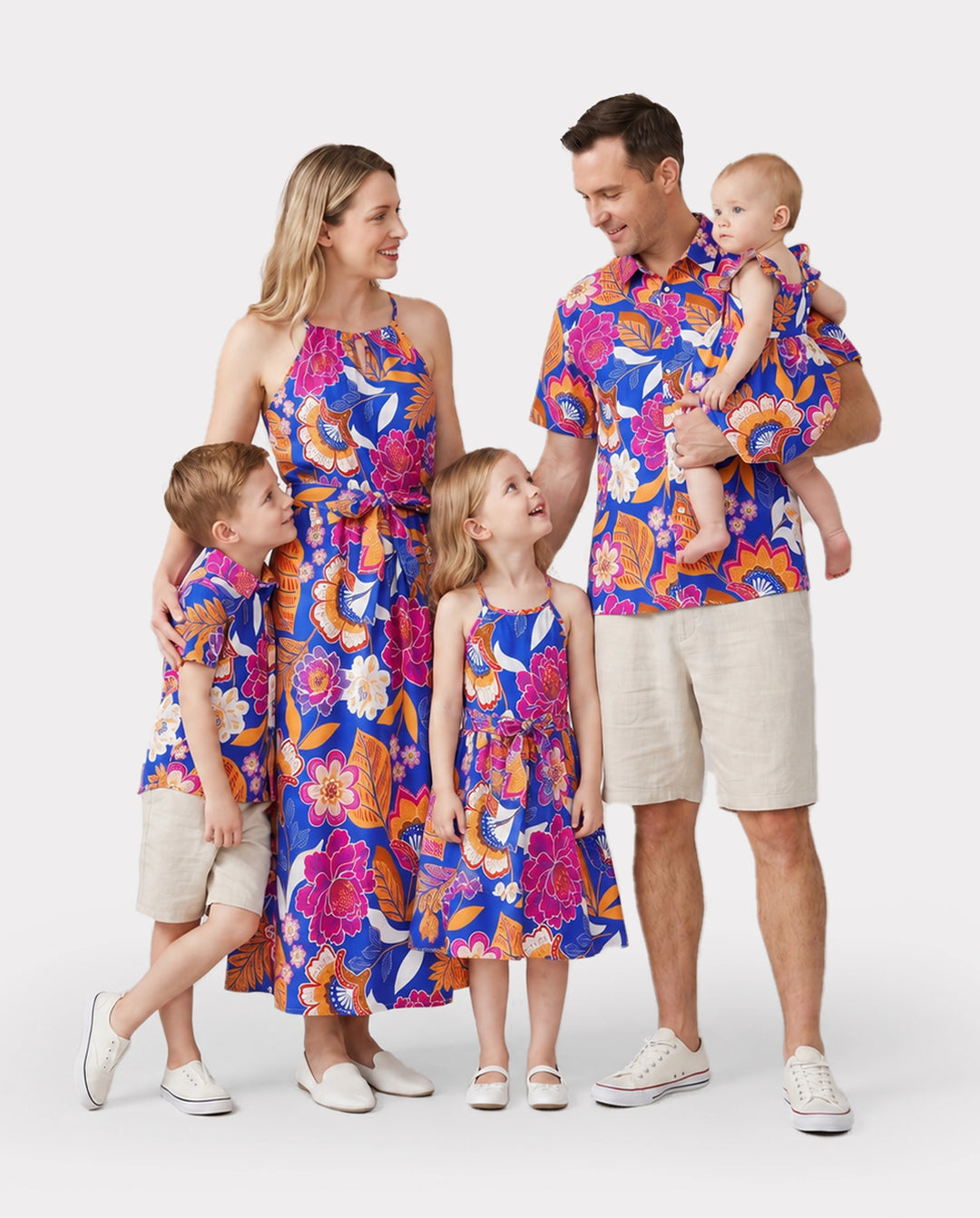 Family Matching Hawaiian Outfits Tropical Floral Print Vacation Clothes Strap Belted Dress or Short-sleeve Shirts Summer Beachwear Set Navy