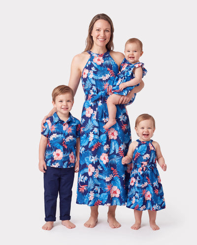 Mommy & me Vacation Set Tropical Floral Print Shirt or Halter Dresses for Dad, Mom, Kids & Baby, Perfect for Summer Holidays & Family Photos Deep Blue