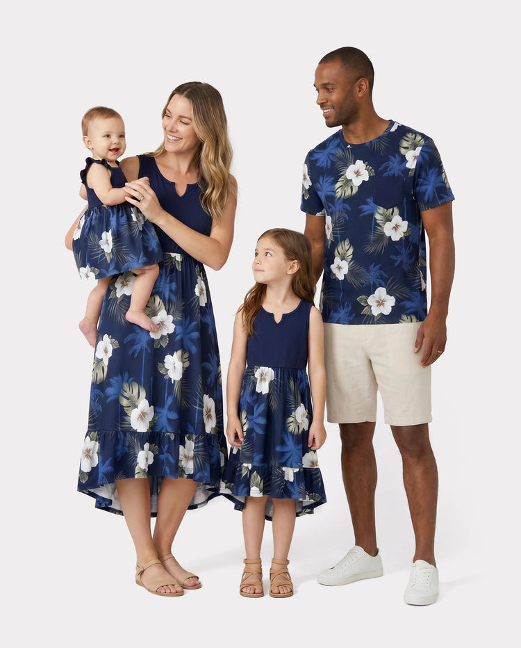 Haut en coton à imprimé floral assorti pour toute la famille, chemise à manches courtes ou robe débardeur sans manches à épissure bleu foncé