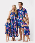 Matching Family Hawaiian Outfits Tropical Floral Print Strap Dress or Short-sleeve Shirts & Shorts Set Summer Beachwear Set for Vacation Deep Blue