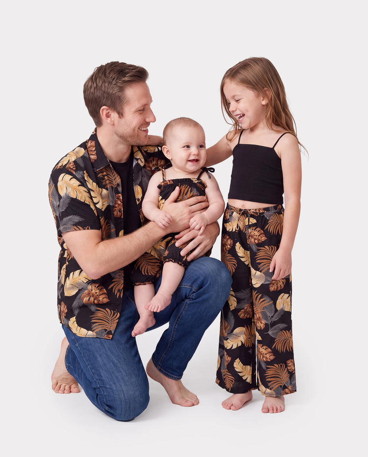 Daddy & Daughter Floral Print Beach Wear Short-sleeve Shirt or Camisole top and Wide-Leg Pants Set for Summer Vacation Family Looks Black+White